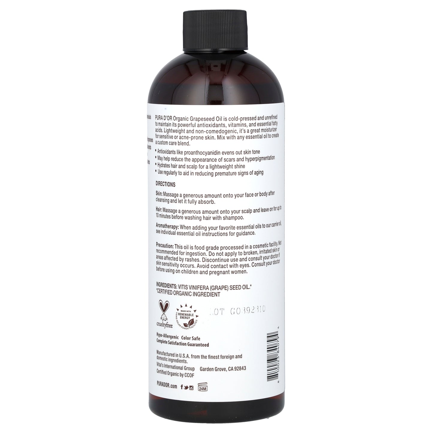 Pura D'or Organic Grapeseed Oil 16 fl oz (473 ml)