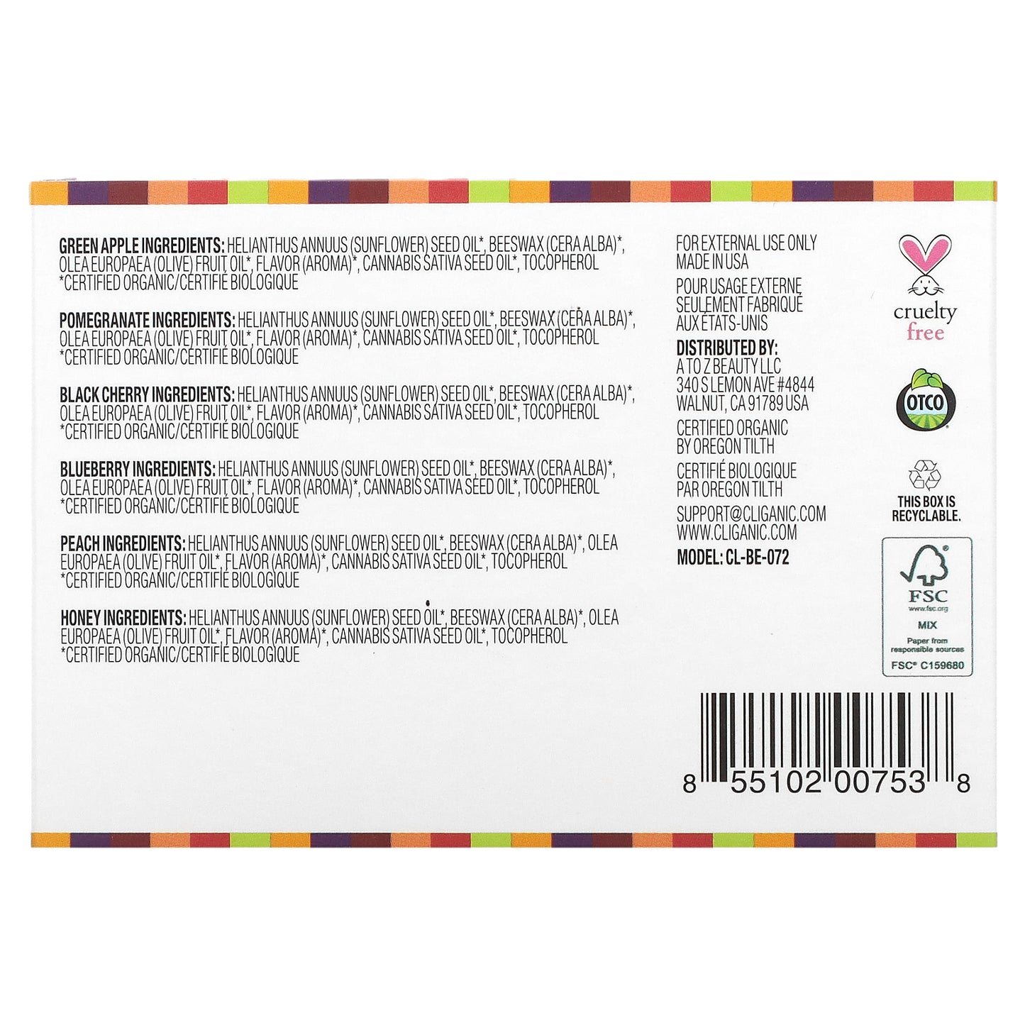 Cliganic Organic Lip Balm Set 6 Pack 0.15 oz (4.25 g) Each