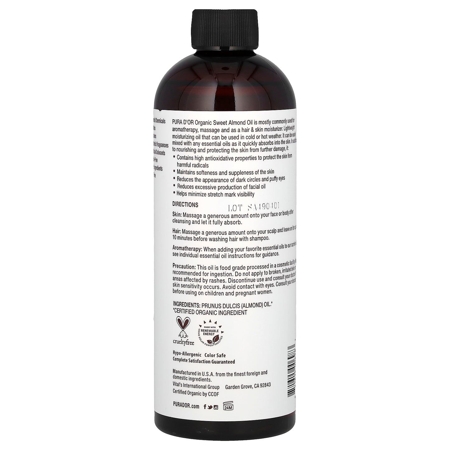 Pura D'or Organic Sweet Almond Oil 16 fl oz (473 ml)