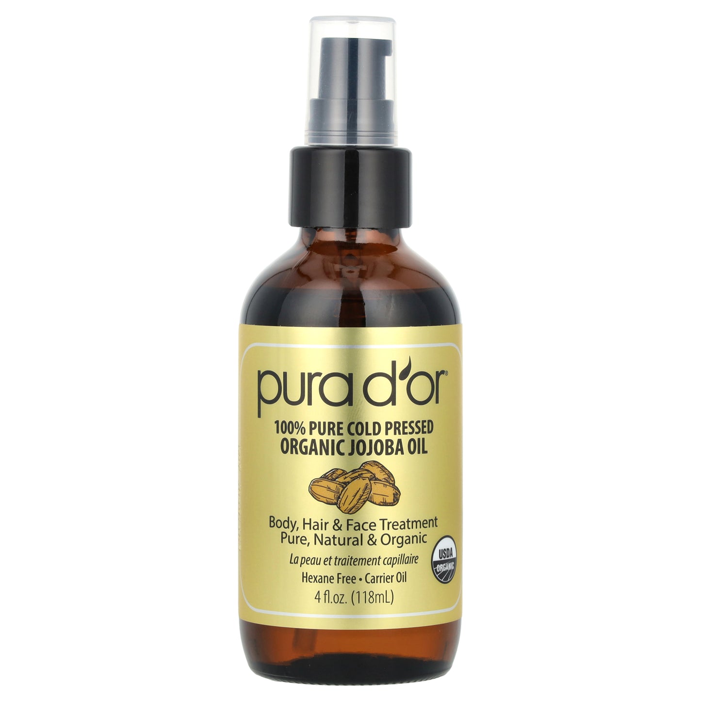 Pura D'or 100% Pure Cold Pressed Organic Jojoba Oil 4 fl oz (118 ml)
