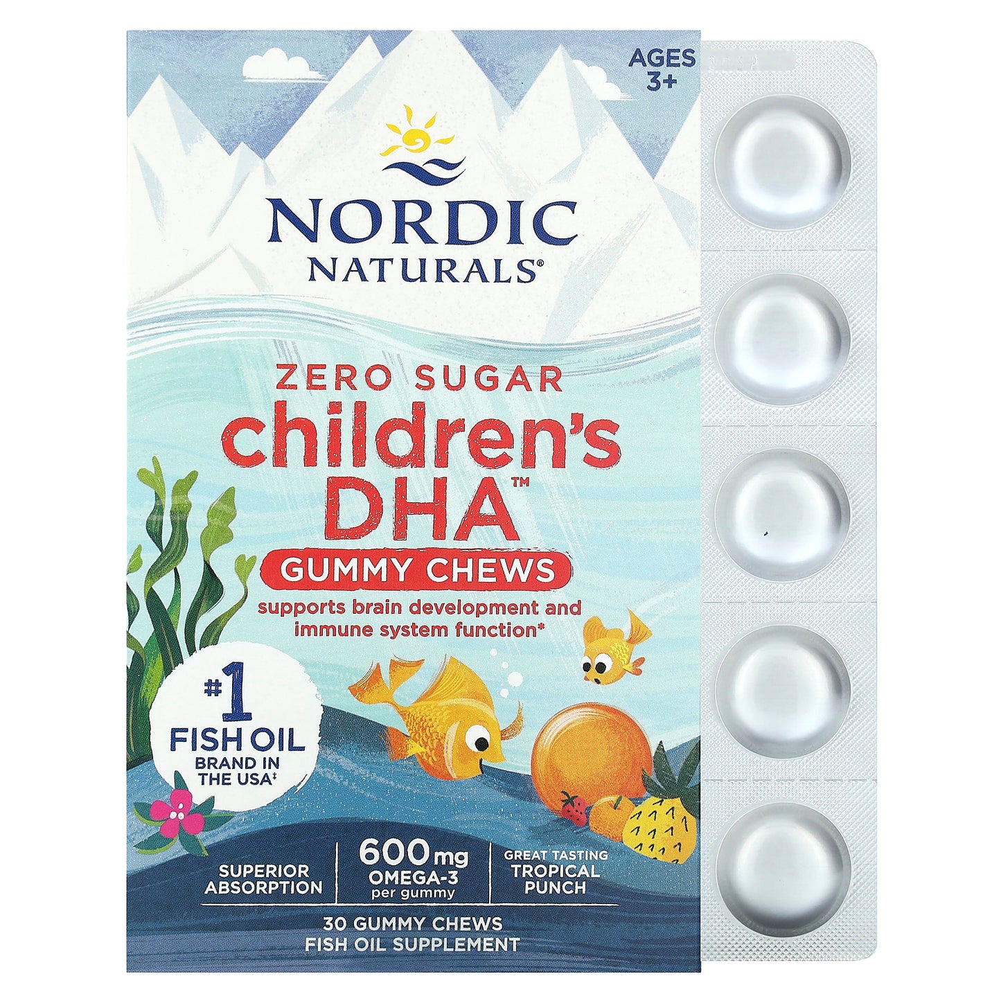Nordic Naturals Children's DHA Gummy Chews Ages 3+ Tropical Punch 600 mg 30 Gummies