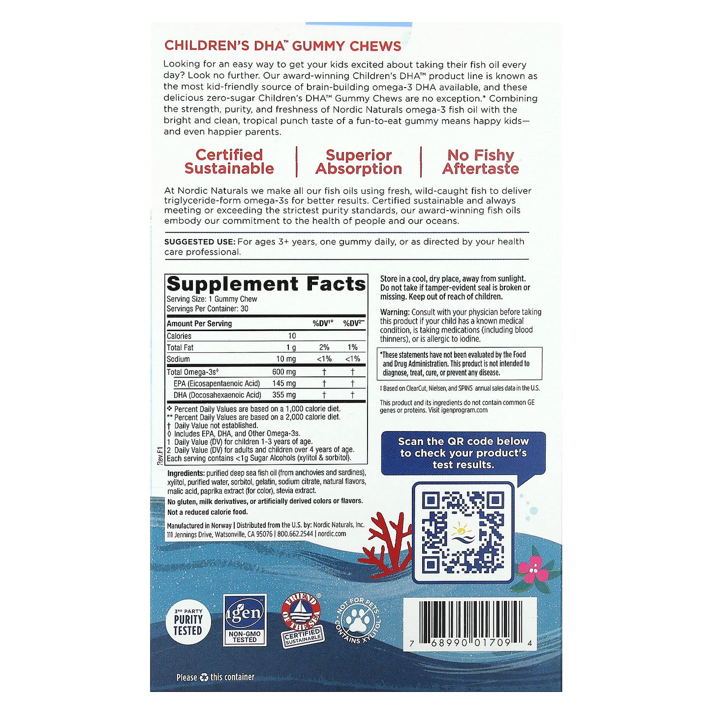Nordic Naturals Children's DHA Gummy Chews Ages 3+ Tropical Punch 600 mg 30 Gummies