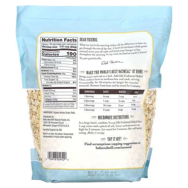 Bob's Red Mill Organic Old Fashioned Rolled Oats Whole Grain 32 oz (907 g)