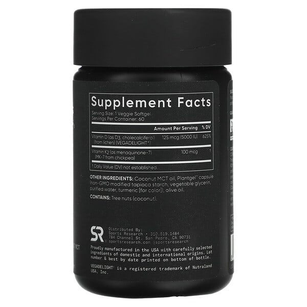 Sports Research D3 + K2 Plant Based 125 mcg/100 mcg 60 Veggie Softgels