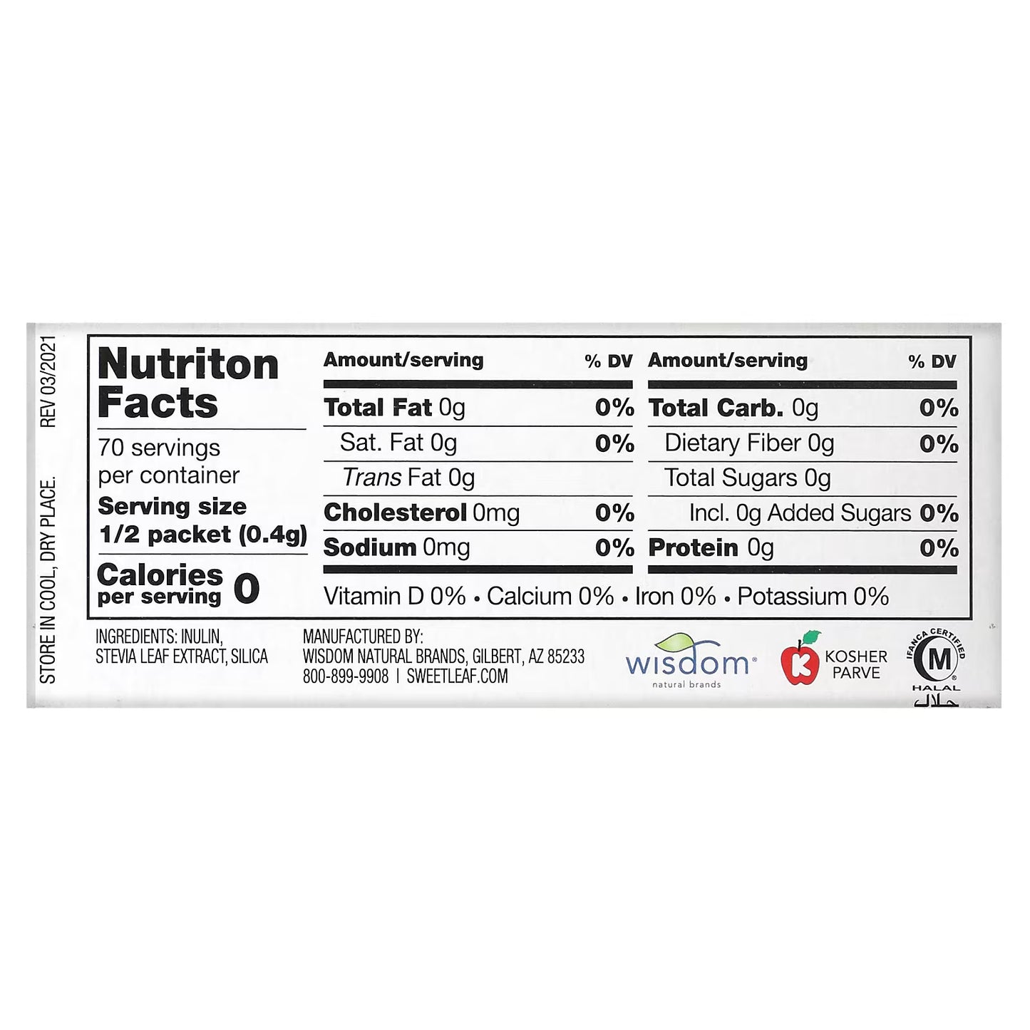 Nutrition facts label for a product with zero calories and minimal ingredients on a white background.