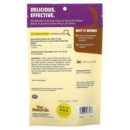 Pet Naturals L-Lysine For Cats All Sizes Chicken Liver 250 mg 60 Chews 3.17 oz (90 g)
