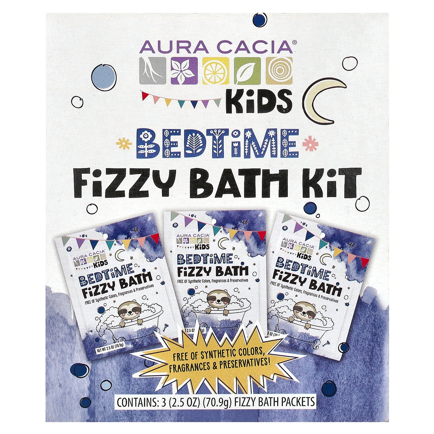 Aura Cacia Kids Fizzy Bath Kit Bedtime 3 Packets 2.5 oz (70.9 g) Each