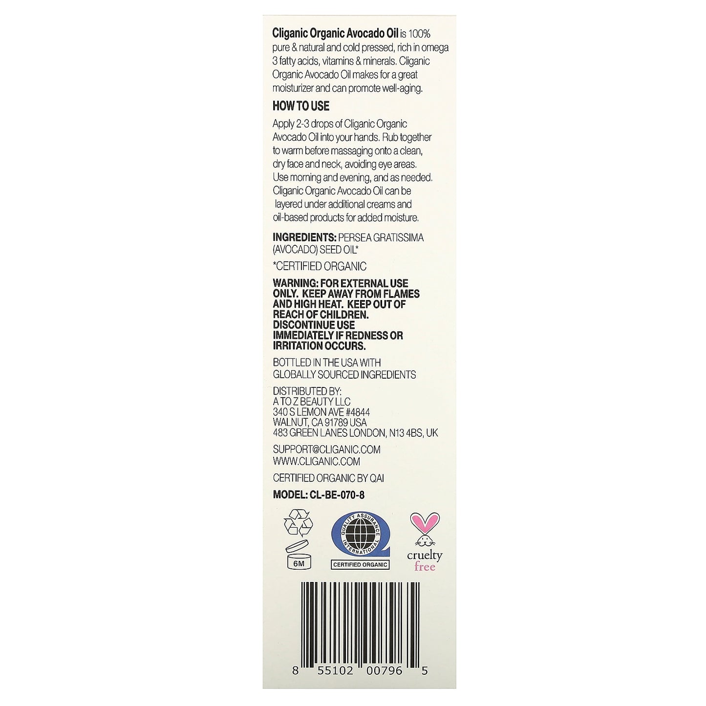 Cliganic Organic Avocado Oil 8 fl oz (240 ml)