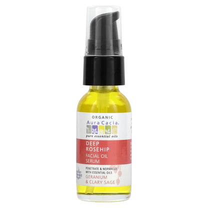 Aura Cacia Organic Deep Rosehip Facial Oil Serum Geranium & Clary Sage 1 fl oz (30 ml)