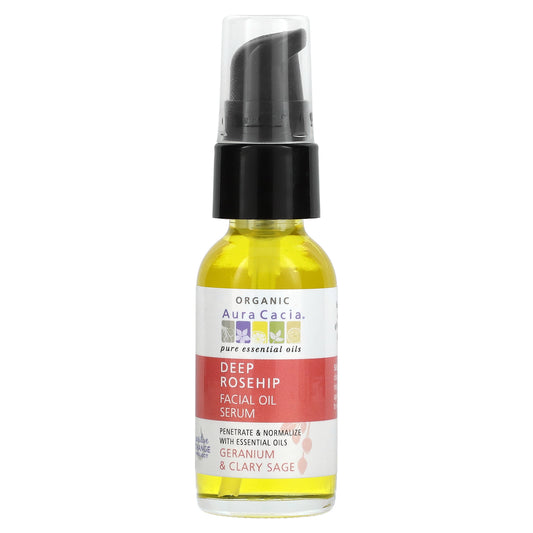 Aura Cacia Organic Deep Rosehip Facial Oil Serum Geranium & Clary Sage 1 fl oz (30 ml)