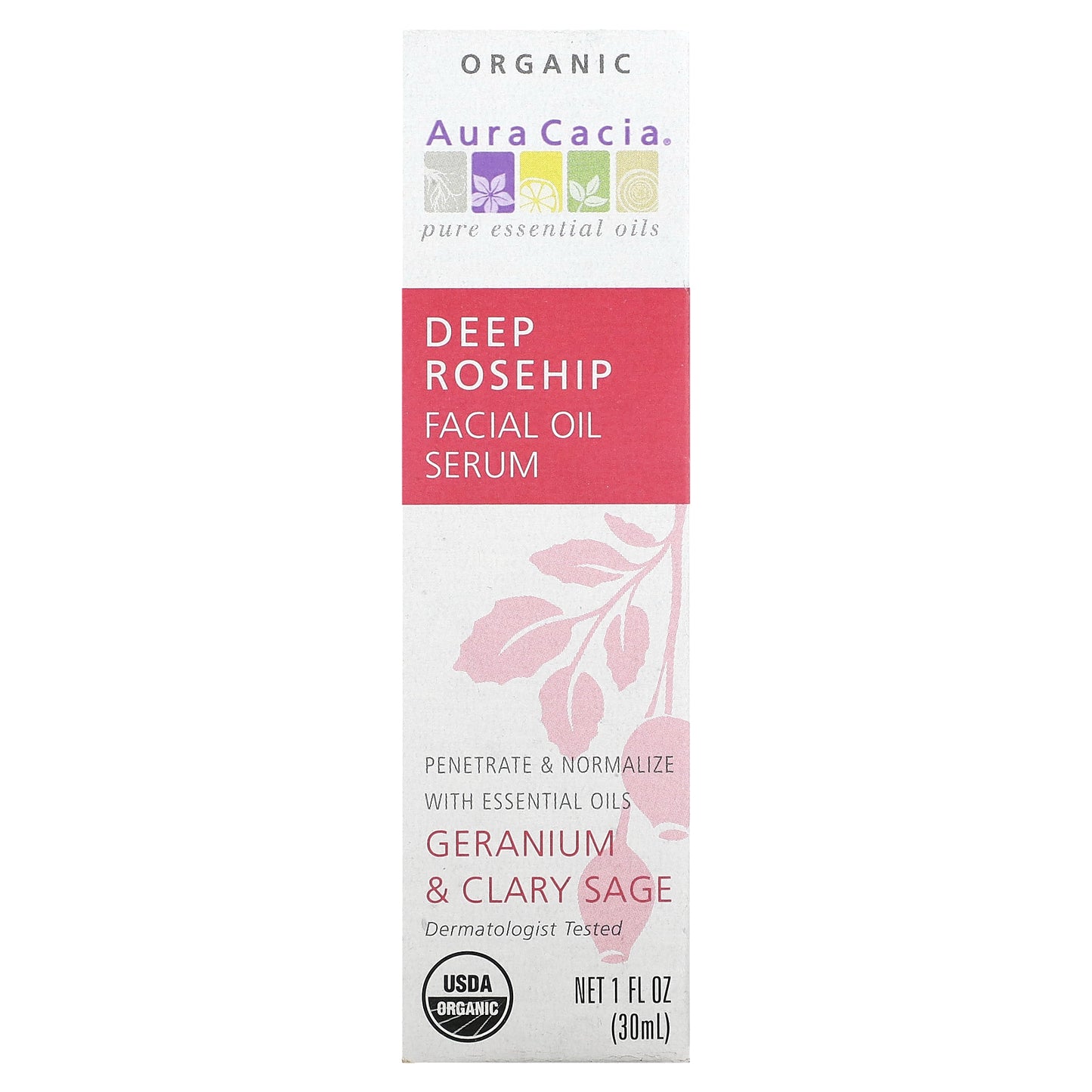 Aura Cacia Organic Deep Rosehip Facial Oil Serum Geranium & Clary Sage 1 fl oz (30 ml)