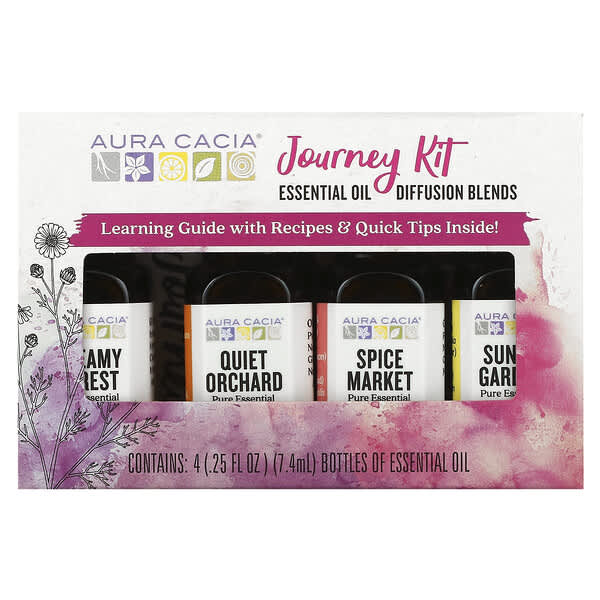 Aura Cacia Journey Kit Essential Oil Diffusion Blends 4 Bottles 0.25 fl oz (7.4 ml) Each