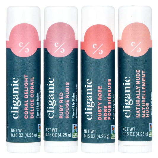 Cliganic Tinted Lip Balm Set Hint of Tint 4 Pack 0.15 oz (4.25 g) Each
