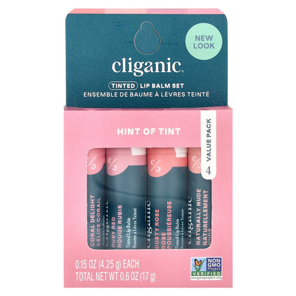 Cliganic Tinted Lip Balm Set Hint of Tint 4 Pack 0.15 oz (4.25 g) Each