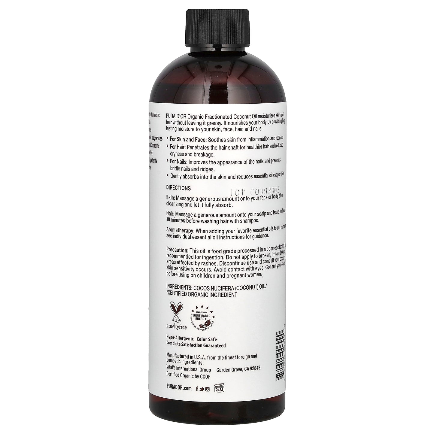 Pura D'or Organic Fractionated Coconut Oil  (MCT) 16 fl oz (473 ml)