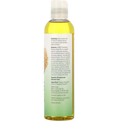 NOW Foods Solutions Sesame Seed Oil Certified Organic 8 fl oz (237 ml)