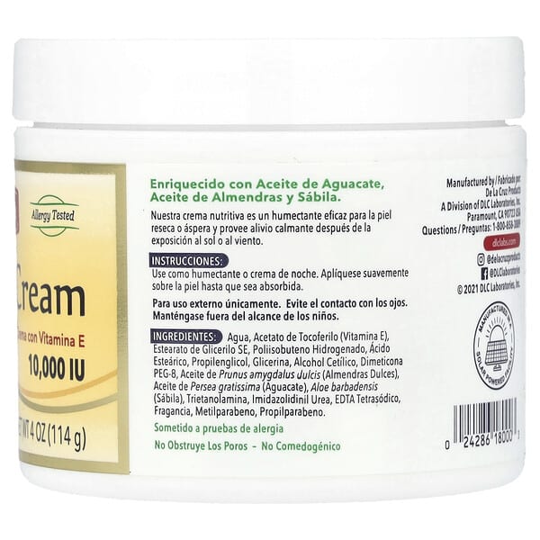 De La Cruz Vitamin E Cream 10000 IU 4 oz (114 g)