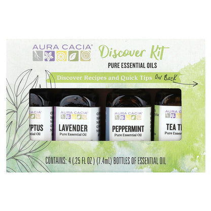 Aura Cacia Pure Essential Oils Discover Kit 4 Bottles 0.25 fl oz (7.4 ml) Each