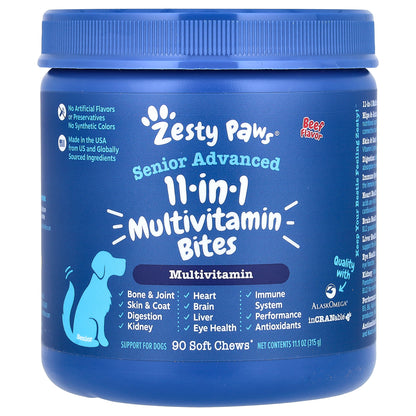 Zesty Paws Senior Advanced 11-in-1 Multivitamin Bites For Dogs Beef 90 Soft Chews 11.1 oz (315 g)