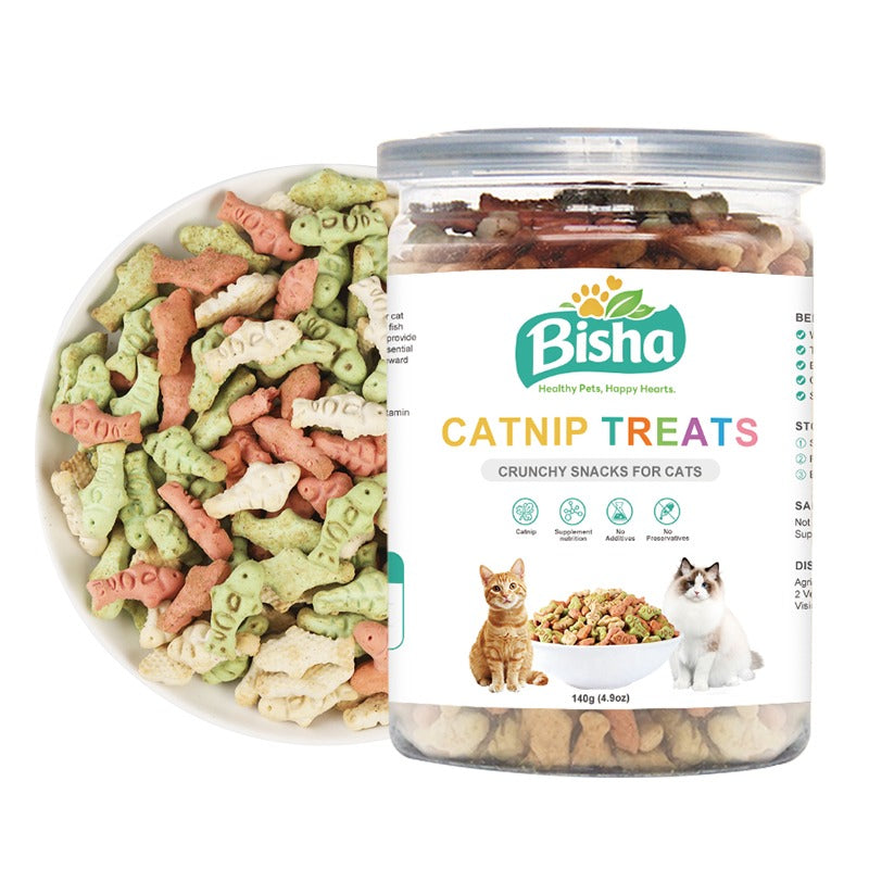 Bisha catnip treats in a jar with colorful cat-shaped snacks on a white background