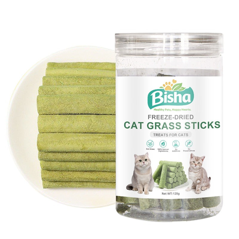 Bisha freeze-dried cat grass sticks packaging with green sticks on a white background