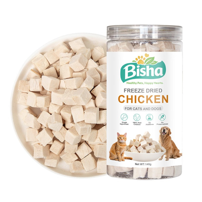 Bisha freeze-dried chicken product for pets with packaging and chicken pieces.