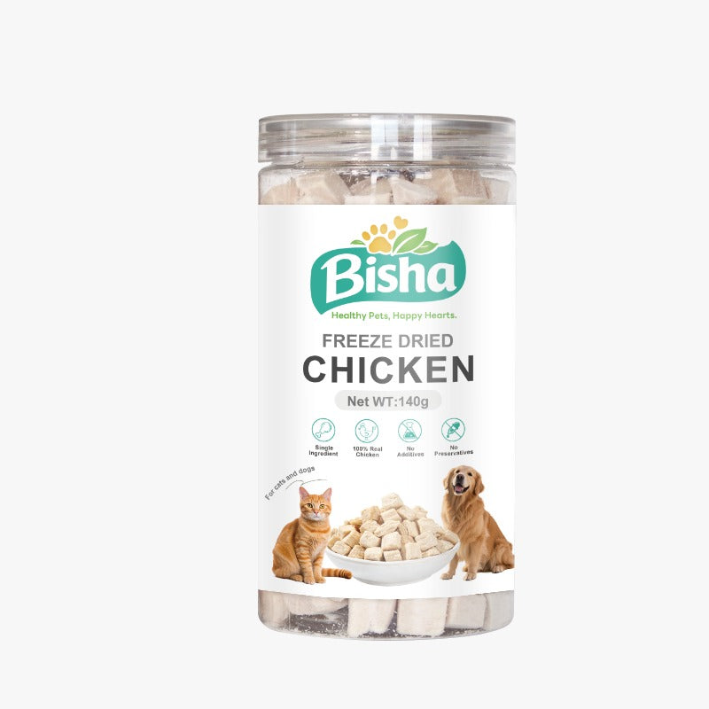 Bisha freeze-dried chicken product packaging on a white background