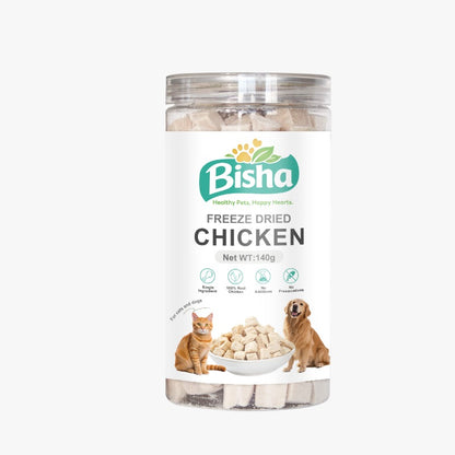 Bisha freeze-dried chicken product packaging on a white background