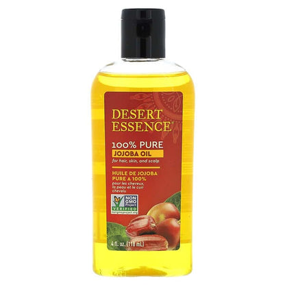 Bottle of Desert Essence 100% Pure Jojoba Oil with a label showing the brand name, product name, and a picture of jojoba seeds.
