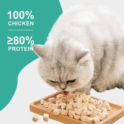 Cat eating cat food with text indicating 100% chicken and >=80% protein on a green and white background.