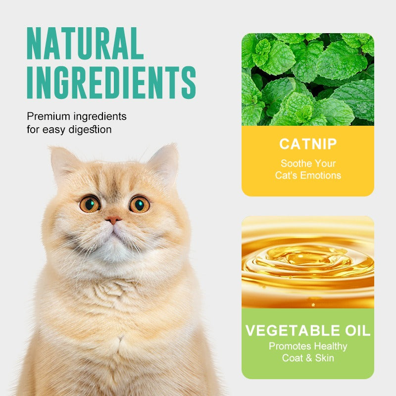 Cat with natural ingredients label on a light gray background