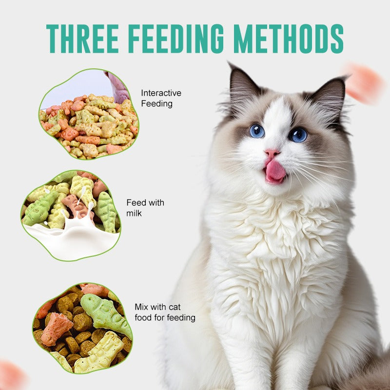Cat with text 'Three Feeding Methods' and images of cat food.