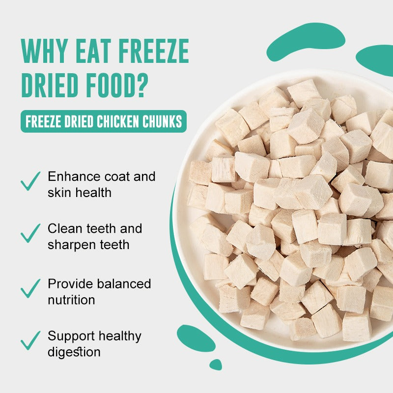 Freeze dried chicken chunks in a bowl with text explaining benefits on a light gray background