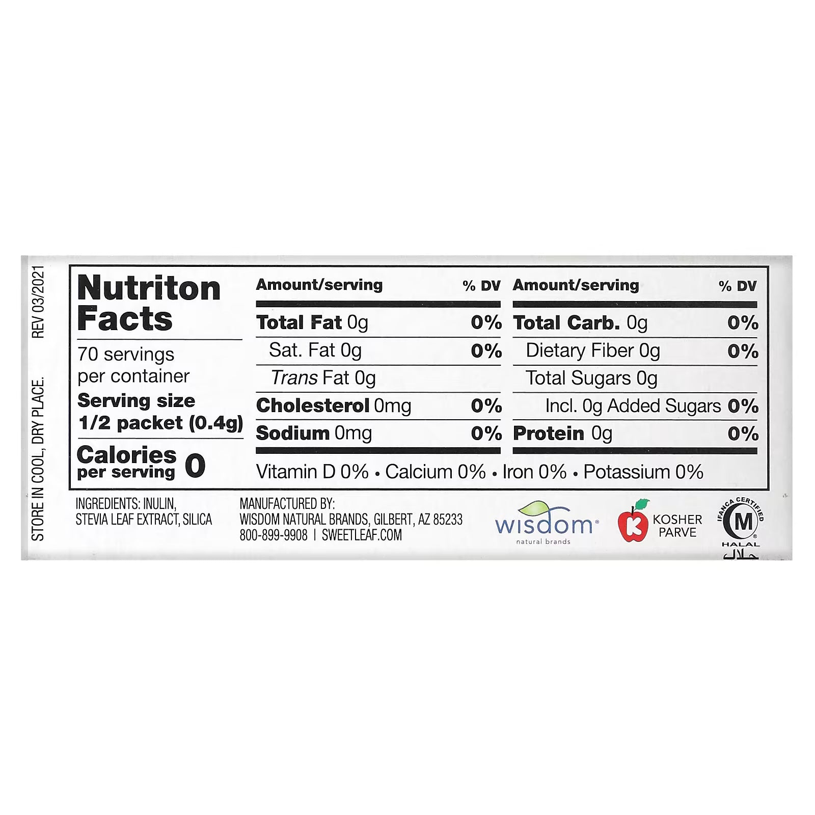 Nutrition facts label for a product with zero calories and minimal ingredients on a white background.