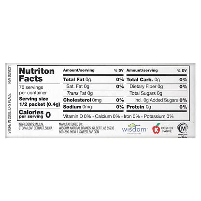 Nutrition facts label for a product with zero calories and minimal ingredients on a white background.