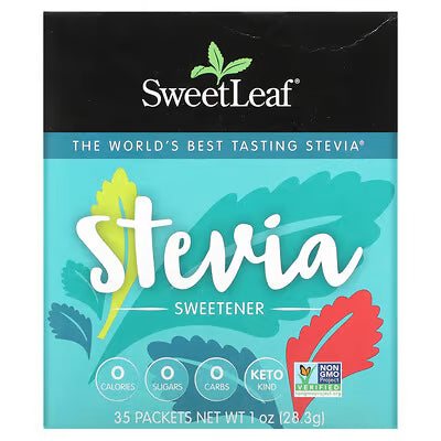SweetLeaf Stevia sweetener packaging with teal and black design