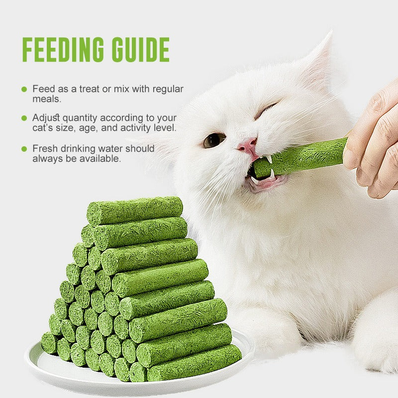 White cat eating a green cat treat with a feeding guide on a white background