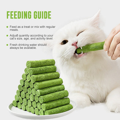White cat eating a green cat treat with a feeding guide on a white background